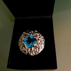 14K White Gold Sky Blue Topaz & Pink Tourmaline Accents Ring Sz 5